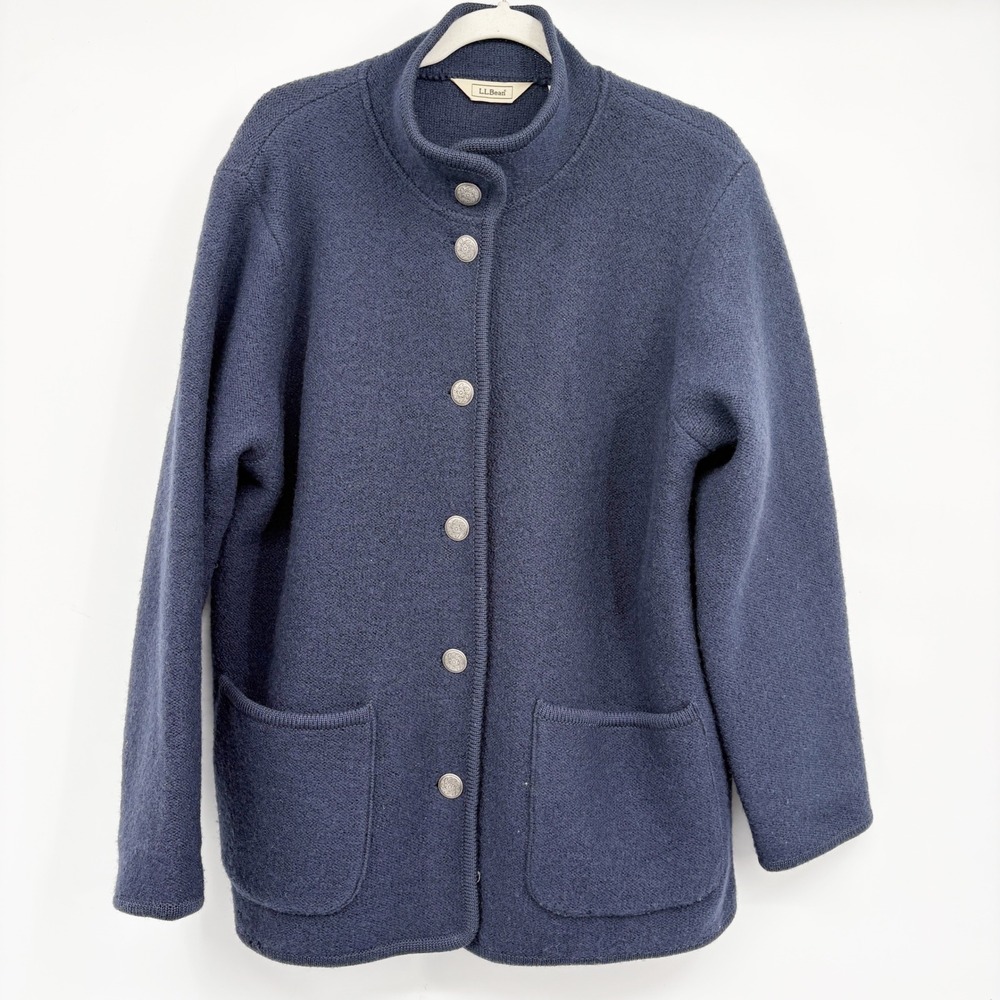 L.L. Bean Women Navy Blue 100% Wool Boiled Knit Coastal Cardigan Sweater L